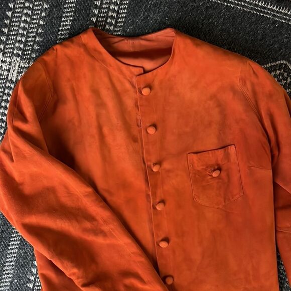 ORANGE SUEDE JACKET, SILK LINING, Size Medium ( no tag) Mini Pocket - Picture 2 of 5